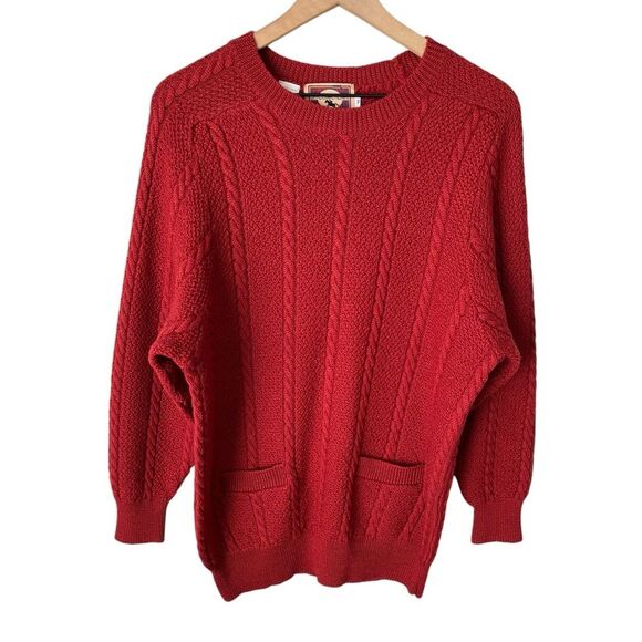 Vintage JH Collectible Western Wool Cable Knit Pocket Crew Neck Sweater Red Med - Picture 2 of 5